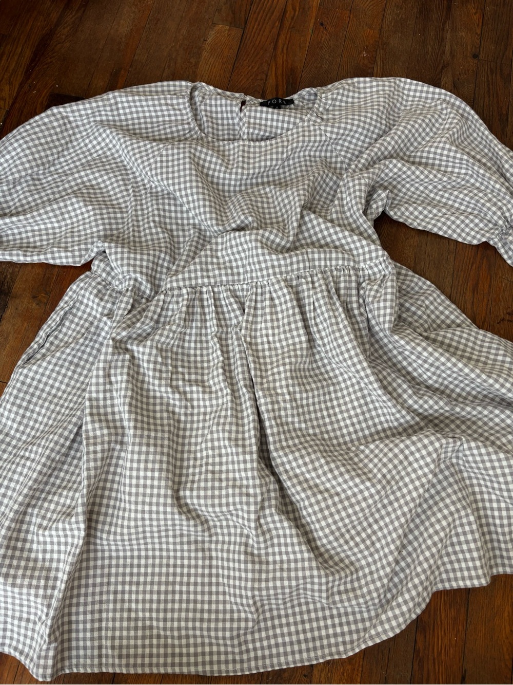 Women's Gray Gingham Midi Dress with Puff Sleeves